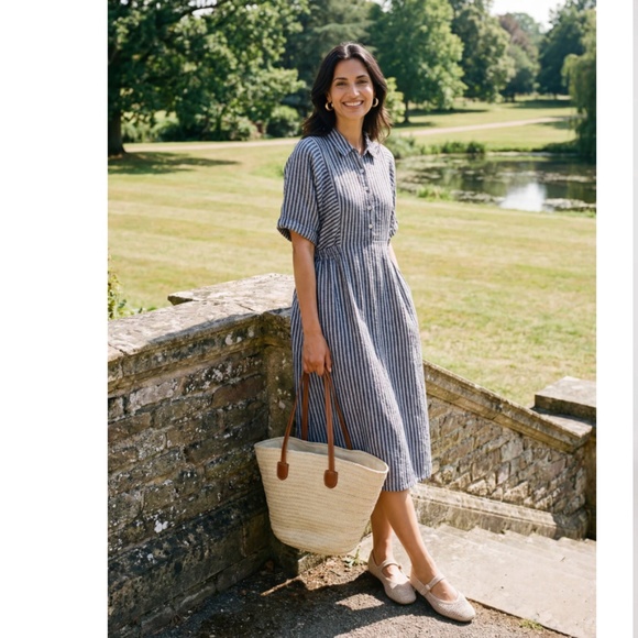 100% Linen Striped Buttoned Front Short Sleeve Midi Shirt Dress CASSANDRA - Picture 7 of 8